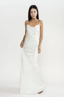 Serenity Petra Ivory cowl-neck silk satin maxi dress with full lining, showcasing a flowing elegant design and smooth fabric.