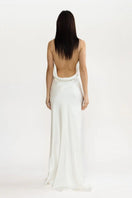 Serenity Petra ivory cowl-neck silk satin maxi dress, fully lined, flowing elegant evening dress with a soft drape.