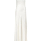 Serenity Petra Ivory cowl-neck silk satin maxi dress, fully lined, featuring a flowing silhouette and elegant drape.