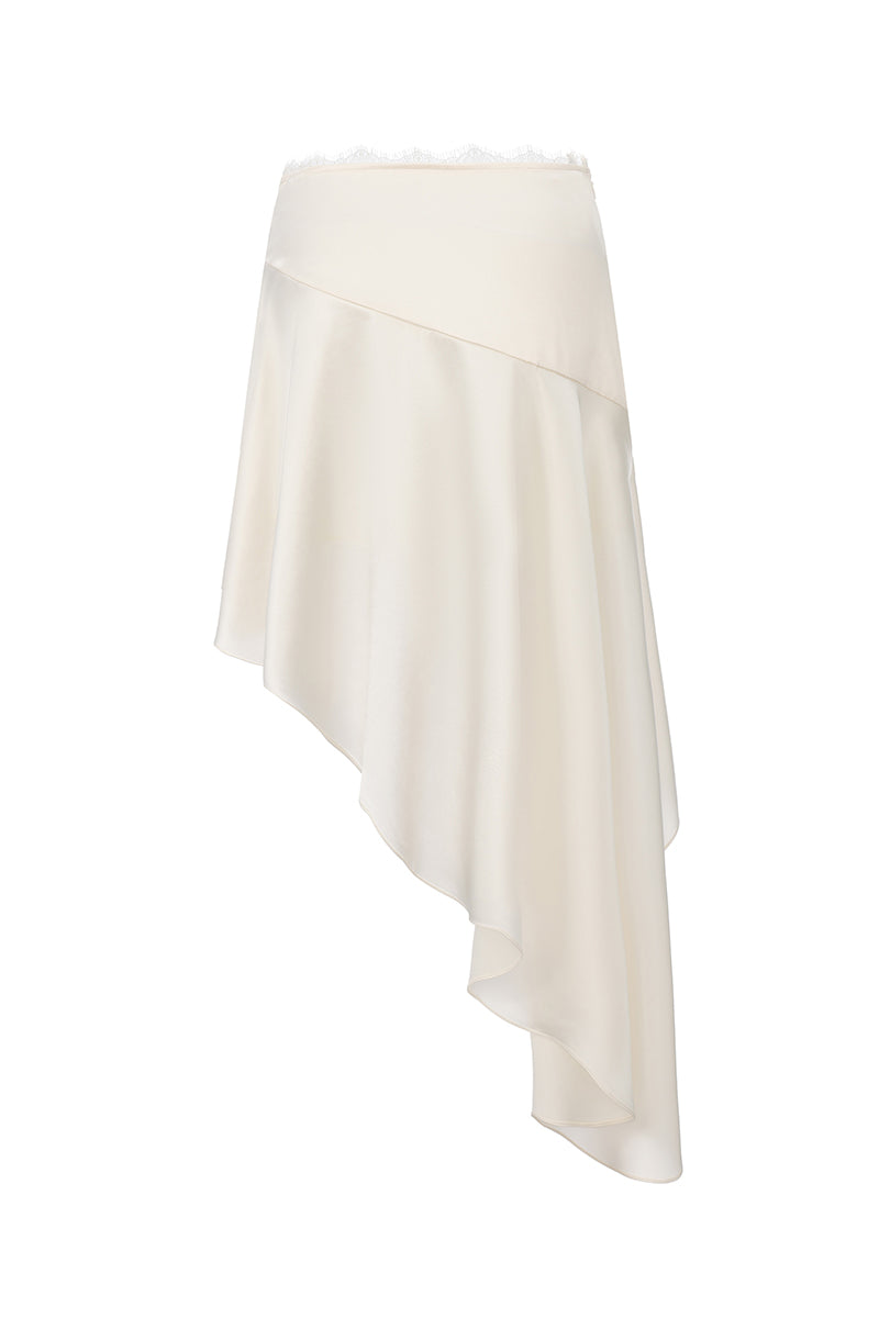Nana Jacqueline Petra midi skirt in champagne with asymmetric design, shown from the back. Elegant, flowy fashion piece.