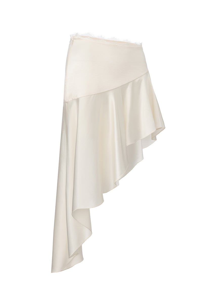 Nana Jacqueline Petra midi skirt in champagne with asymmetric design, front view showcasing elegant fabric and stylish silhouette.
