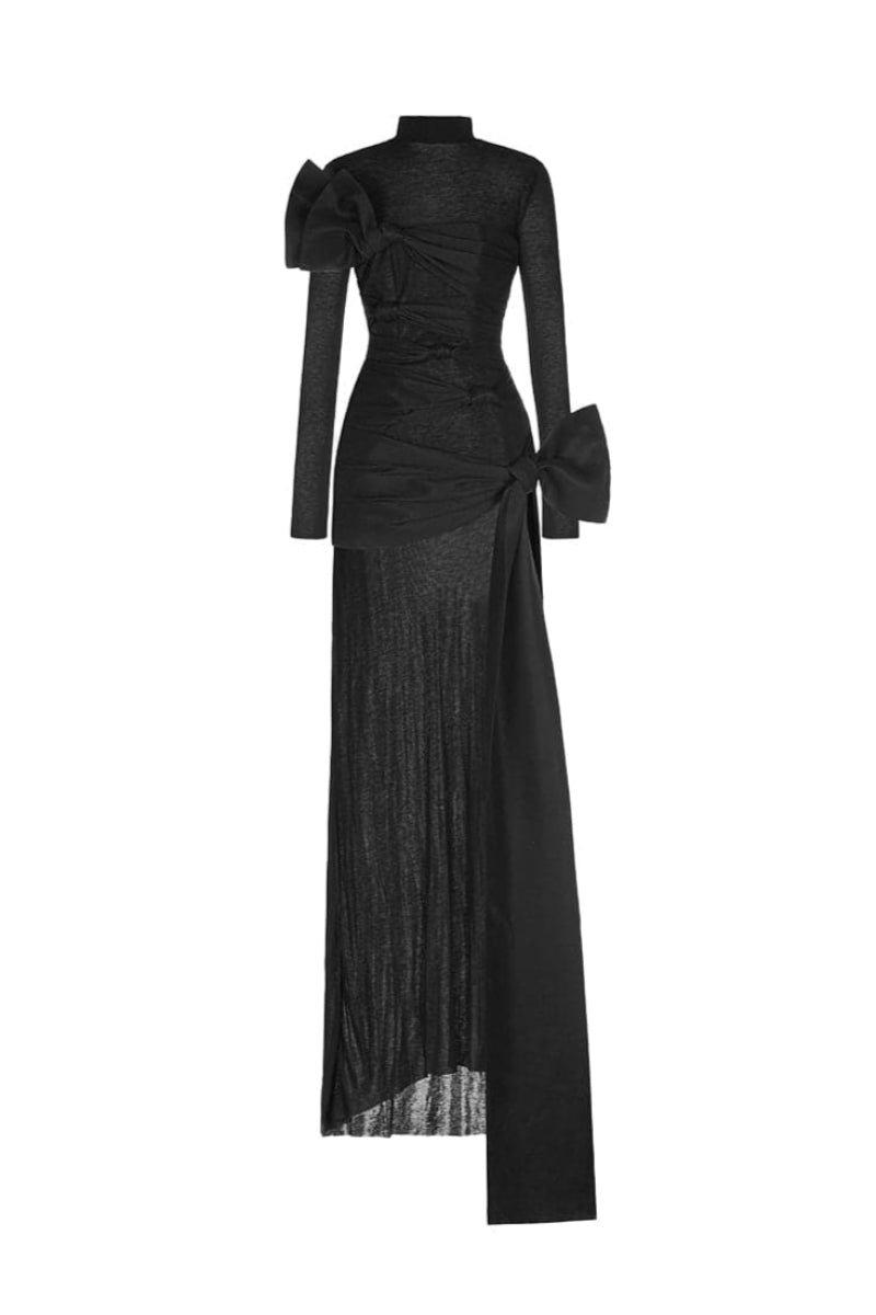 BLACK QUEEN ANNE NECKLINE AND DRAPED WAIST VELVET GOWN | CULT MIA | I.H.F BLACK QUEEN ANNE NECKLINE AND DRAPED WAIST VELVET GOWN | CULT MIA | I.H.F