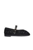 Flabelus Pierre Lace Black flats with black piping, featuring intricate lace design and sleek rounded toe.