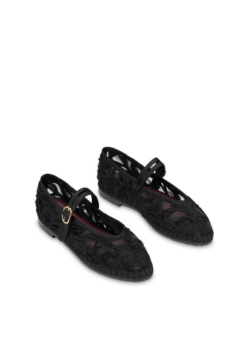 Flabelus Pierre Lace black flats with black piping, stylish and comfortable footwear, featuring intricate lace design and sleek finishing.