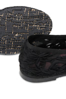 Flabelus Pierre Lace black flats with black piping, featuring delicate lace material and comfortable slip-on design.