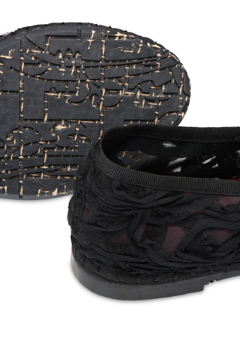 Flabelus Pierre Lace black flats with black piping, featuring delicate lace material and comfortable slip-on design.