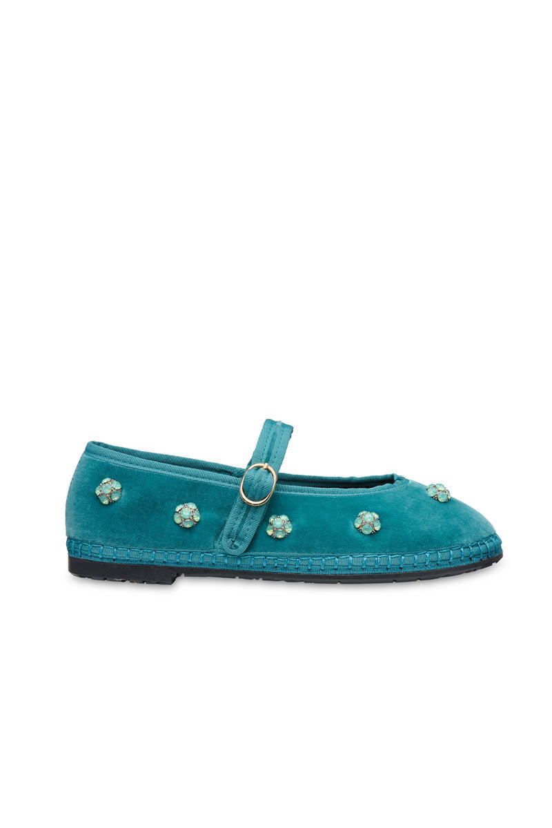 Flabelus Pierre Flowers green flats with blue floral pattern, stylish slip-on footwear for women, showing the detailed design.