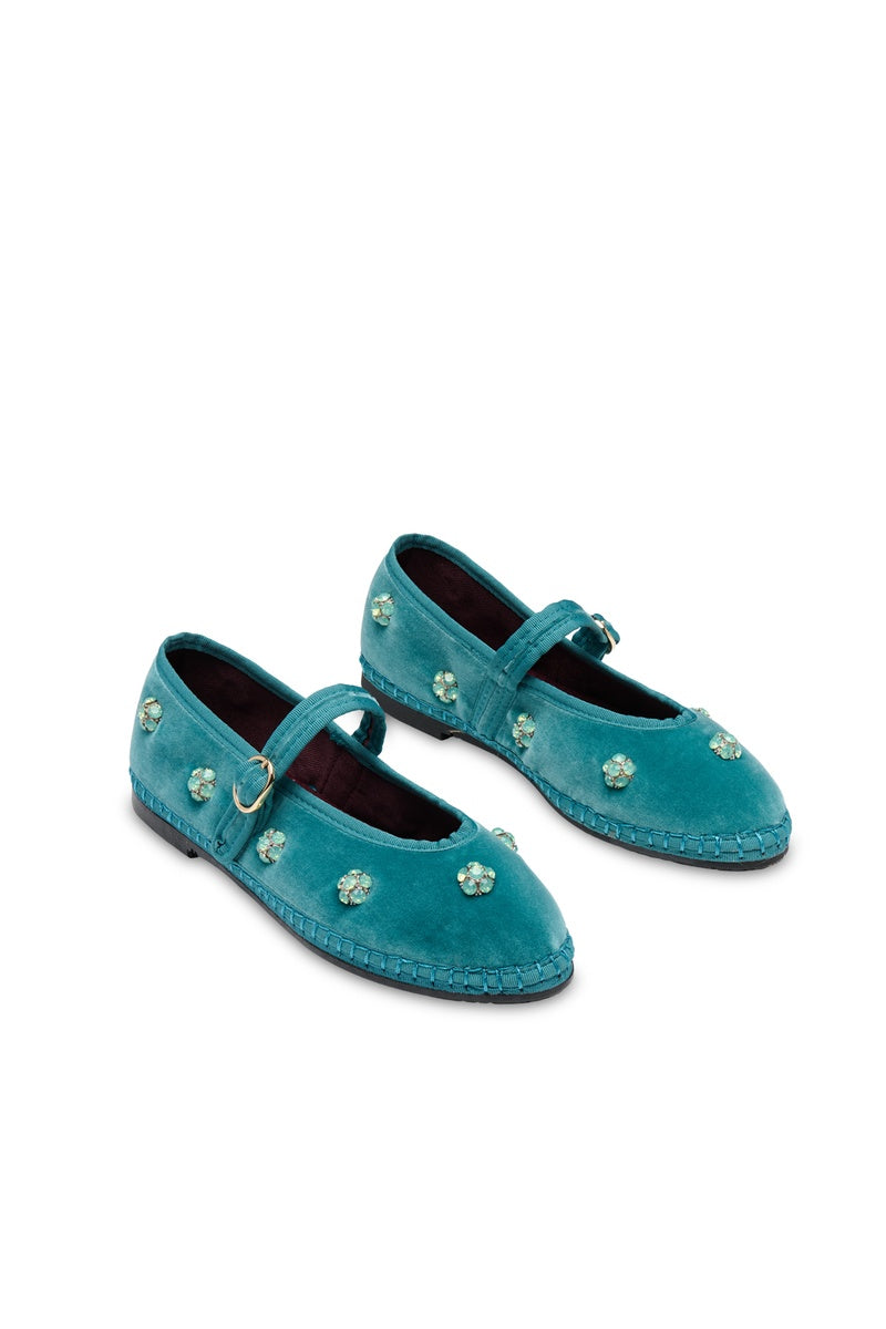 Flabelus Pierre Flowers green flats with blue floral pattern, comfortable slip-on shoes for casual wear.