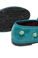 Flabelus Pierre Flowers green flats with a floral pattern, featuring a comfortable slip-on design and vibrant blue and green colors.