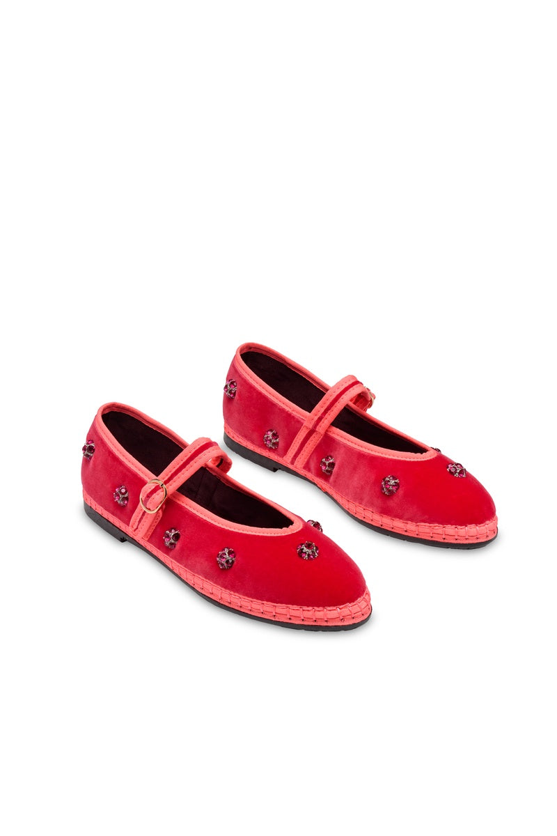 Flabelus Pierre Flowers pink flats with floral embroidery, rounded toe, and comfortable slip-on design for casual wear.