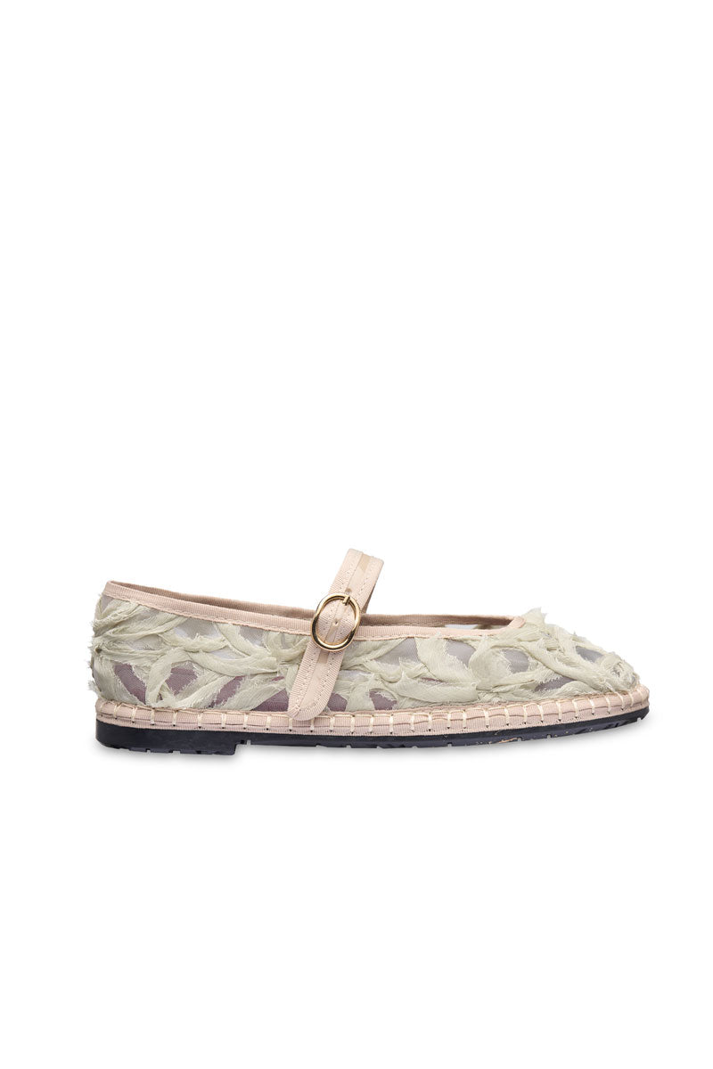 Flabelus Pierre Lace green flats with delicate lace design and pointed toe, stylish footwear for casual or dressy occasions.