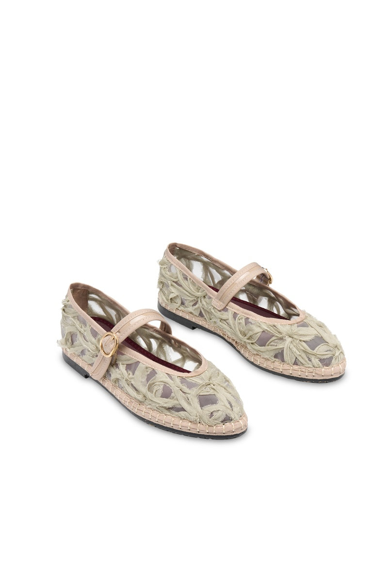 Flabelus Pierre Lace green flats with intricate lace detailing and a sleek, comfortable design for everyday wear.