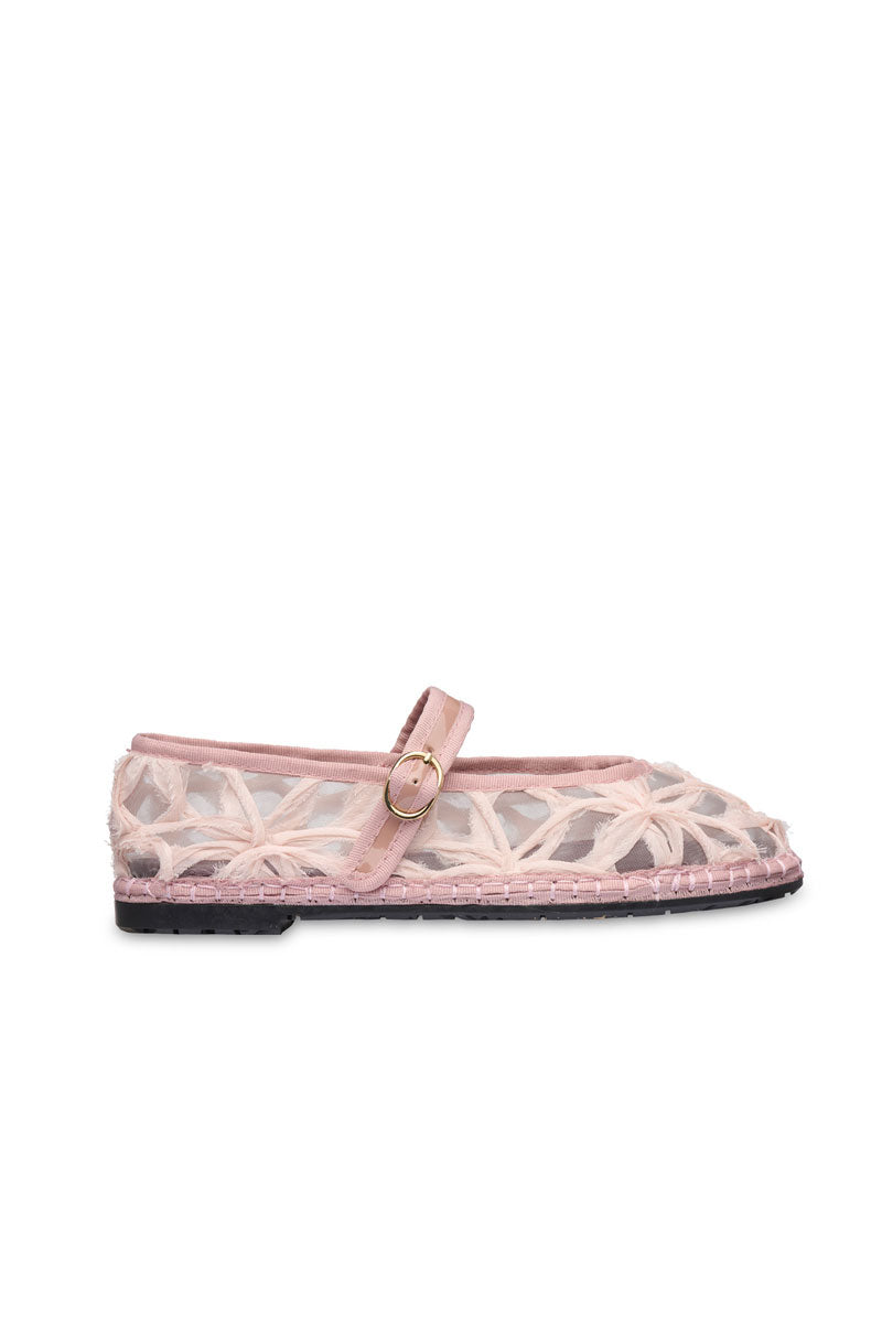 Flabelus Pierre lace pink flats with delicate lace upper and rounded toe, perfect for casual or dressy occasions.