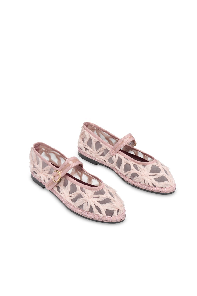 Flabelus Pierre lace pink flats showing elegant lace detail and pointed toe design on a neutral background.