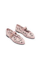 Pink lace flats by Flabelus with delicate lace detailing and a comfortable slip-on design.
