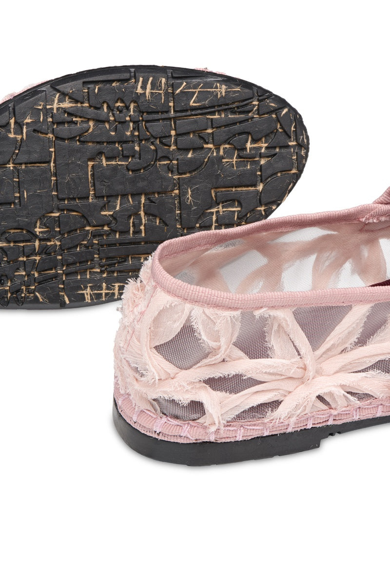 Pink lace flats by Flabelus featuring delicate design and comfortable slip-on style, perfect for casual or dressy occasions.