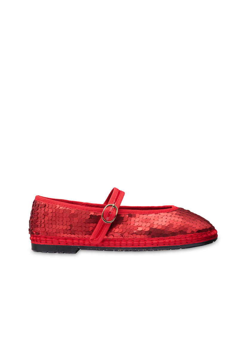 Red Flabelus Pierre sequins flats with shimmering sequin detailing and a sleek, comfortable design for stylish everyday wear.