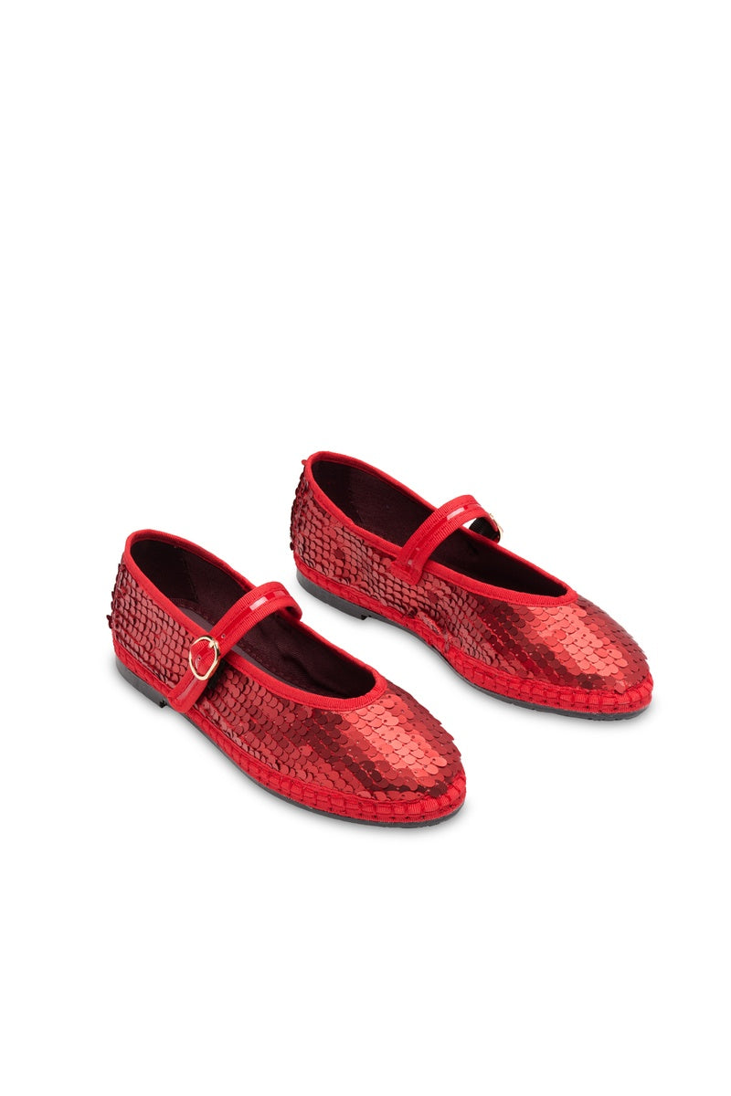 Red Pierre Sequins flats by Flabelus featuring shimmering sequin details and a sleek, flat design for stylish comfort.