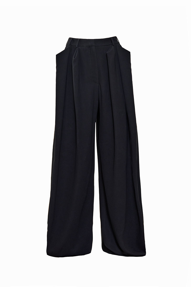 Black pinched pants by Yassmin Saleh featuring a stylish, tailored design and sleek silhouette.