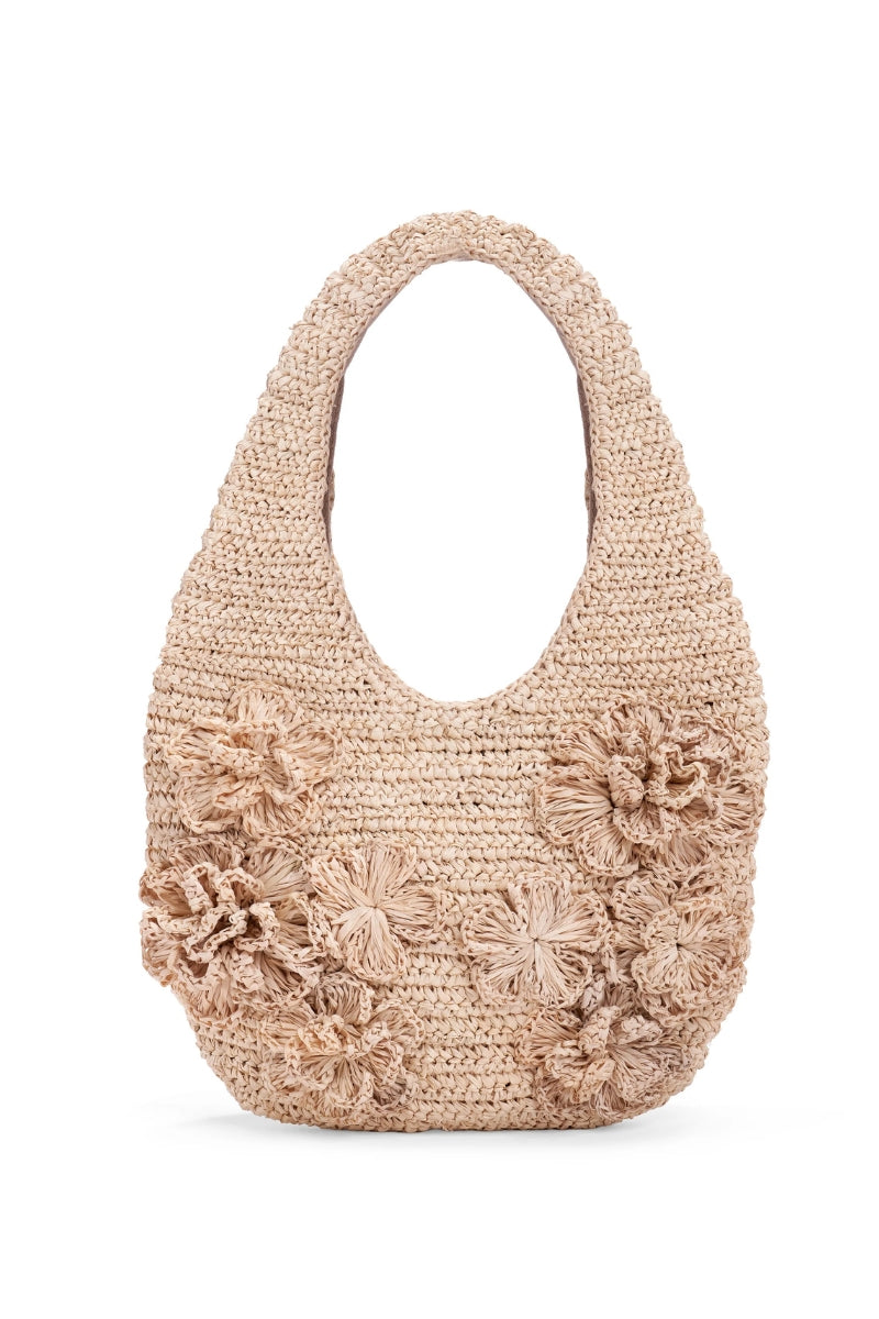 Emm Kuo Pinet shoulder bag in natural raffia with woven texture and leather strap, stylish and lightweight for casual wear.