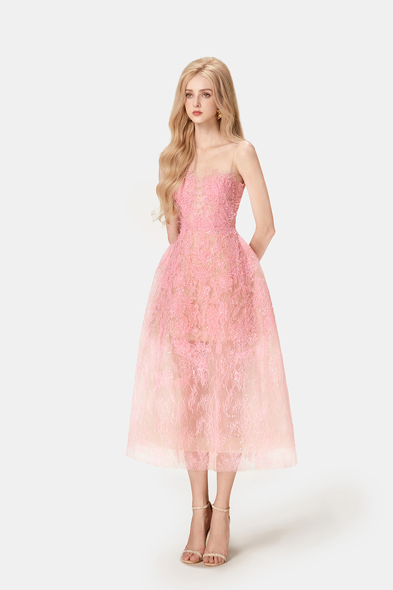Pink beaded lace midi dress by Montsand featuring intricate beadwork and delicate lace fabric, perfect for elegant occasions.