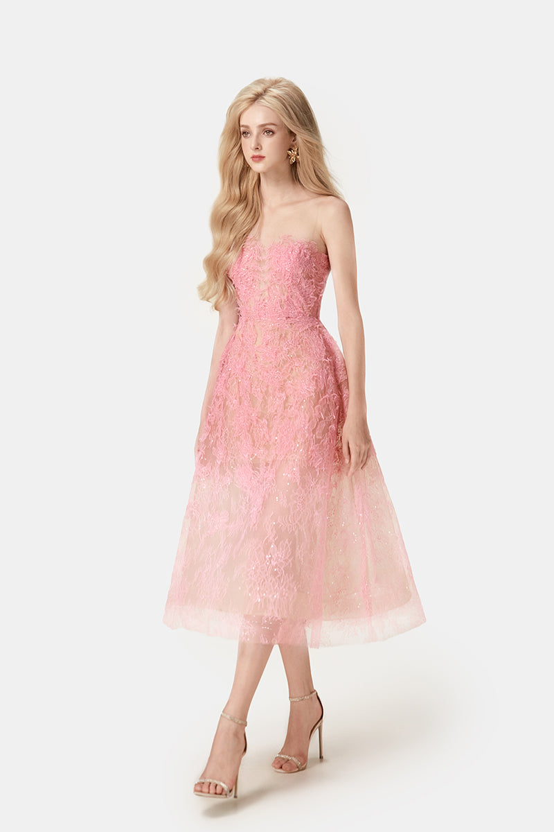 PINK BEADED LACE MIDI DRESS - CULT MIA