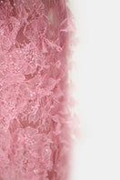 Pink beaded lace pencil gown by Montsand featuring intricate lace details and a fitted silhouette.