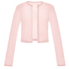 Pink button-up crop cardigan by Montsand, stylish women's tops with long sleeves and a fitted silhouette.