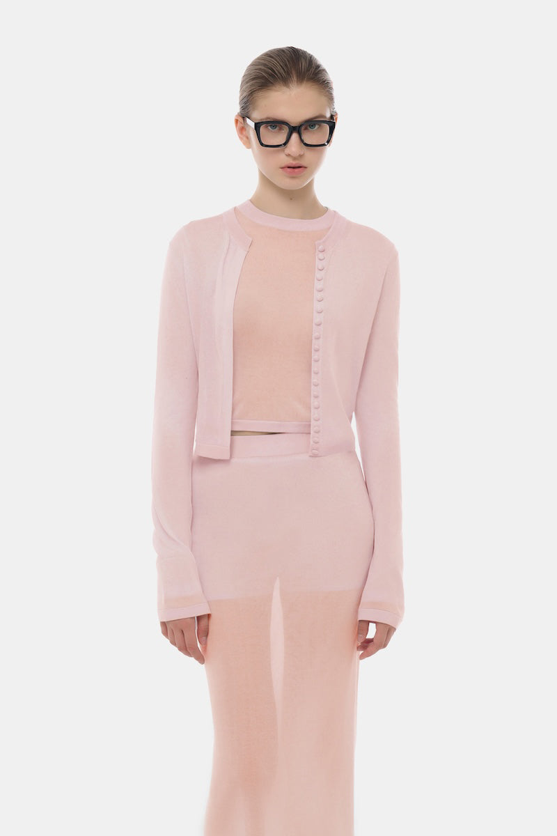 Pink button-up crop cardigan from Montsand, stylish tops with long sleeves and a fitted silhouette.