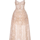 Pink lace gown with floral design from Montsand, featuring elegant pink flower embroidery and flowing fabric.