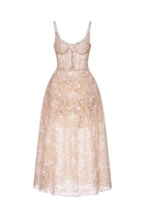Pink lace gown with floral design from Montsand, featuring elegant pink flower embroidery and flowing fabric.