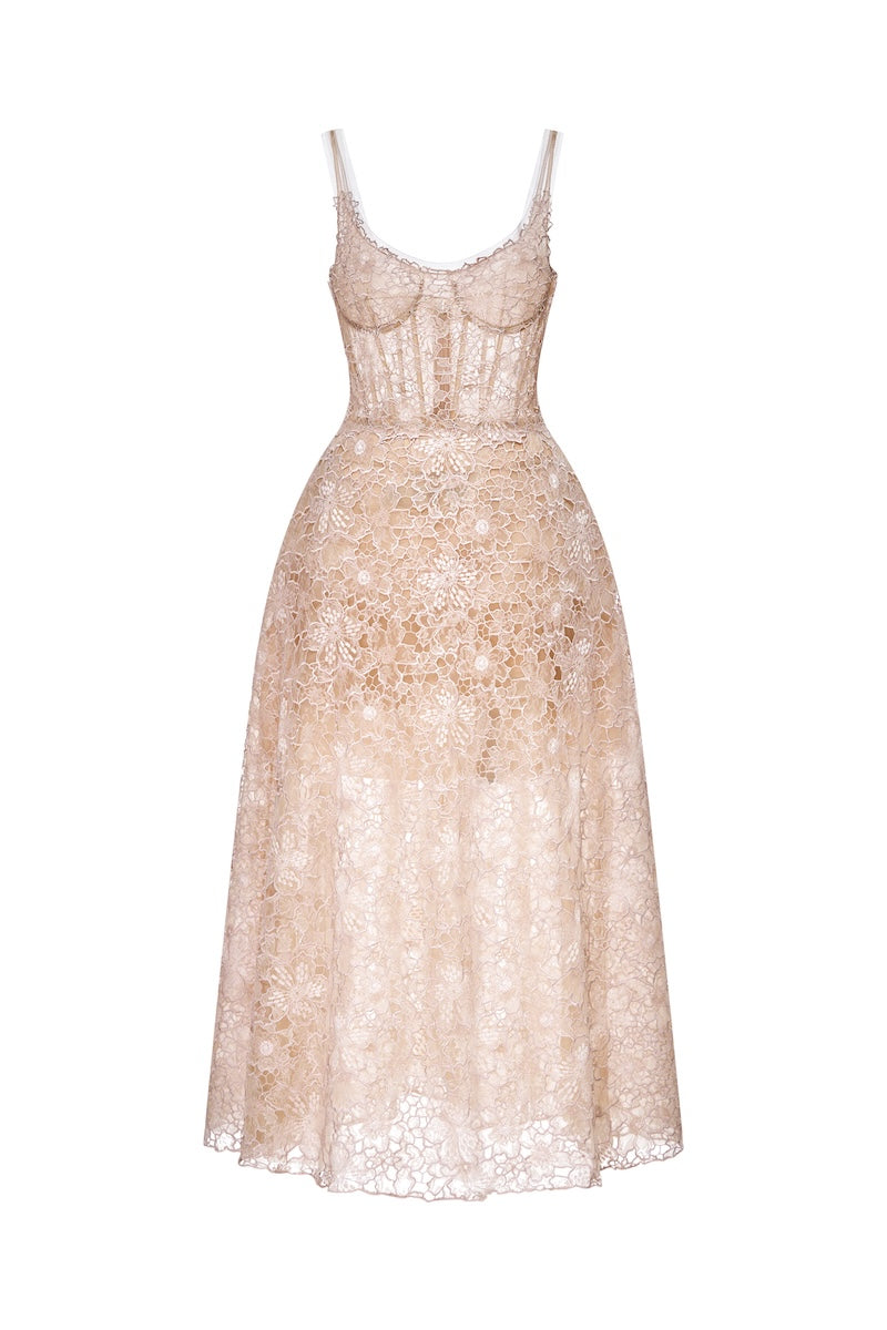 Pink lace gown with floral design from Montsand, featuring elegant pink flower embroidery and flowing fabric.