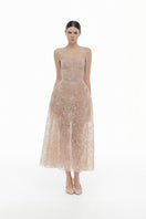 Elegant pink lace gown by Montsand featuring floral embroidery, perfect for formal occasions or evening events.