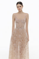 Pink lace gown with floral design from Montsand, featuring a flowing, elegant dress perfect for formal occasions.