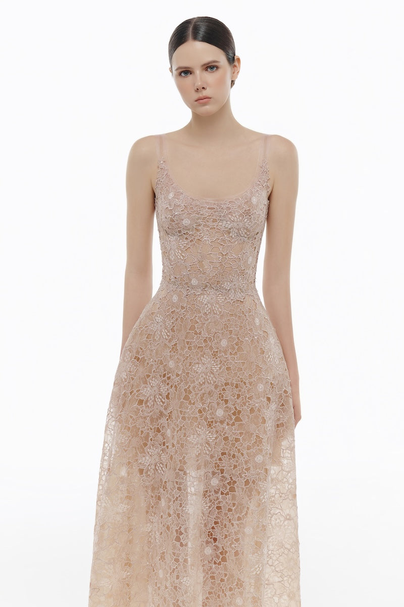 Pink lace gown with floral design from Montsand, featuring a flowing, elegant dress perfect for formal occasions.