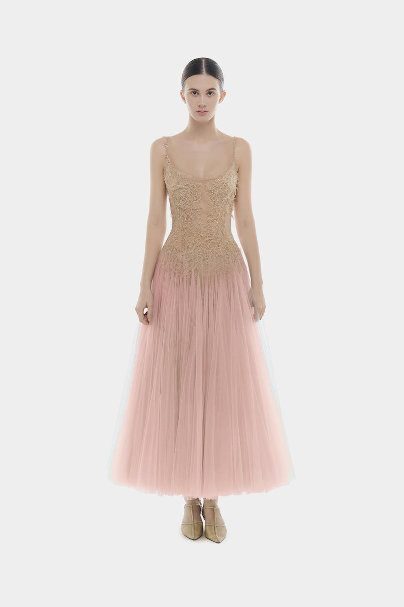 PINK OMBRE LACE MIDI DRESS