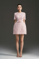 Pink I.H.F Studio sequin floral lace and silk taffeta mini dress with short sleeves and puffed structure.