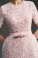 Pink I.H.F Studio sequin floral lace and silk taffeta mini dress with short sleeves and a structured, puffy design.