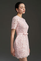 Pink sequin floral lace and silk taffeta mini dress by I.H.F Studio featuring short sleeves and a structured, puffy design.