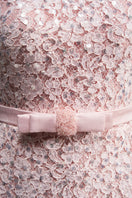 Pink I.H.F Studio sequin floral lace and silk taffeta mini dress with puffy sleeves and structured design.