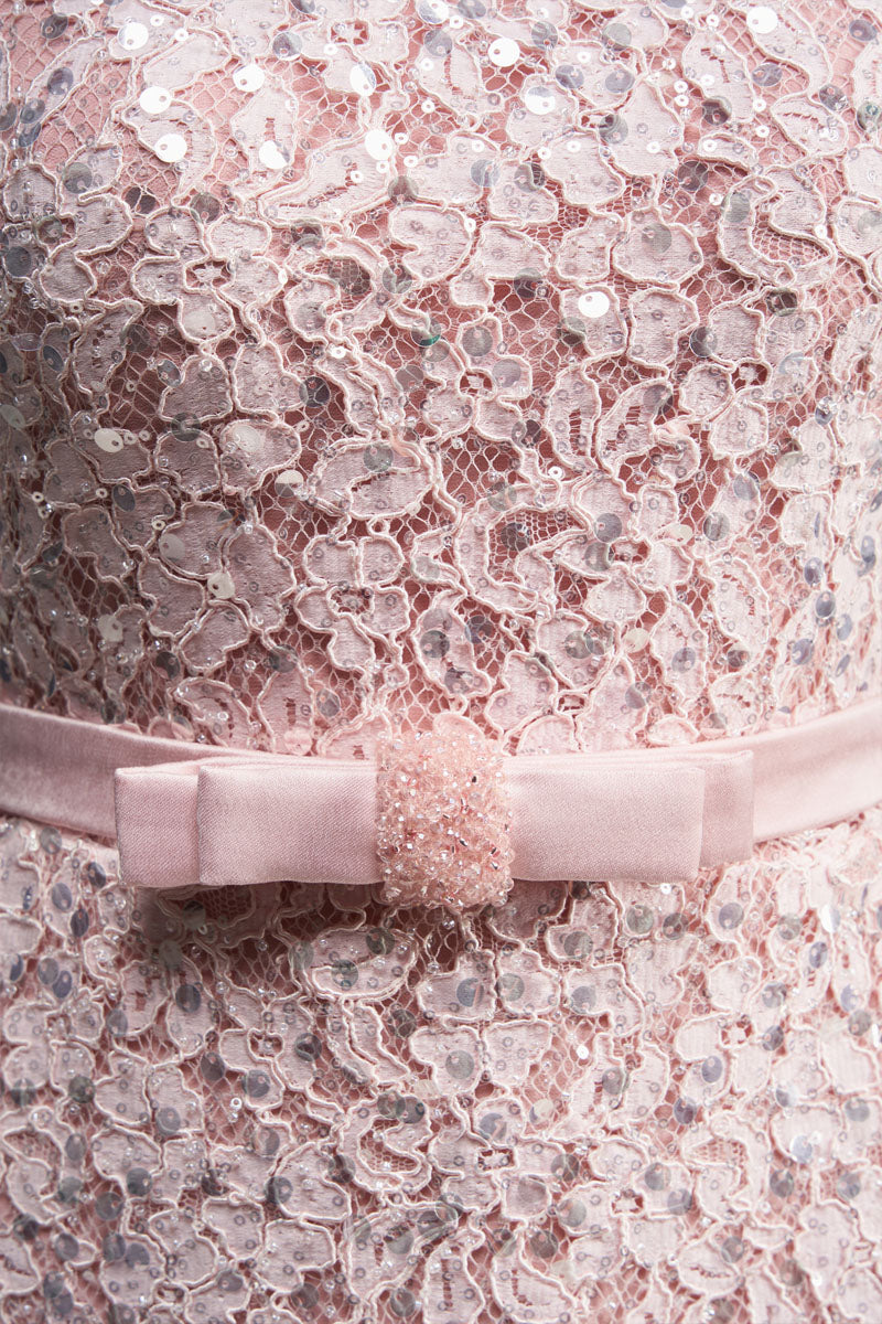 Pink I.H.F Studio sequin floral lace and silk taffeta mini dress with puffy sleeves and structured design.