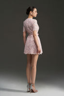 Pink I.H.F Studio sequin floral lace and silk taffeta mini dress with short sleeves and structured puffy design.