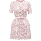 Pink sequin floral lace and silk taffeta mini dress by I.H.F Studio featuring short sleeves and a structured, puffy design.