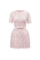 Pink sequin floral lace and silk taffeta mini dress by I.H.F Studio featuring short sleeves and a structured, puffy design.