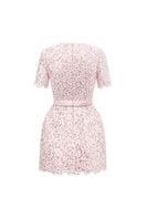 Pink sequined floral lace and silk taffeta mini dress with short sleeves, structured and puffy, by I.H.F Studio.