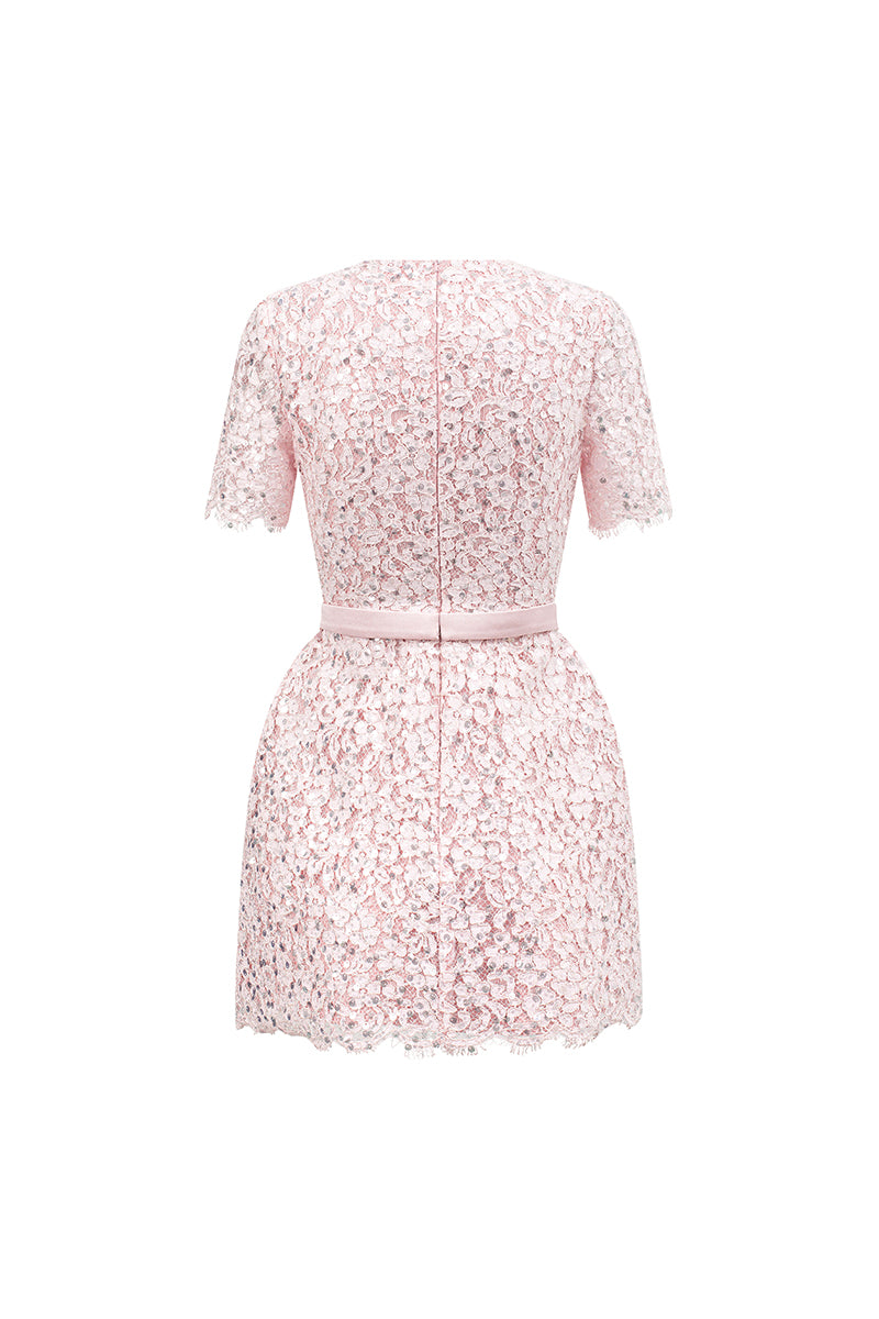 Pink sequined floral lace and silk taffeta mini dress with short sleeves, structured and puffy, by I.H.F Studio.