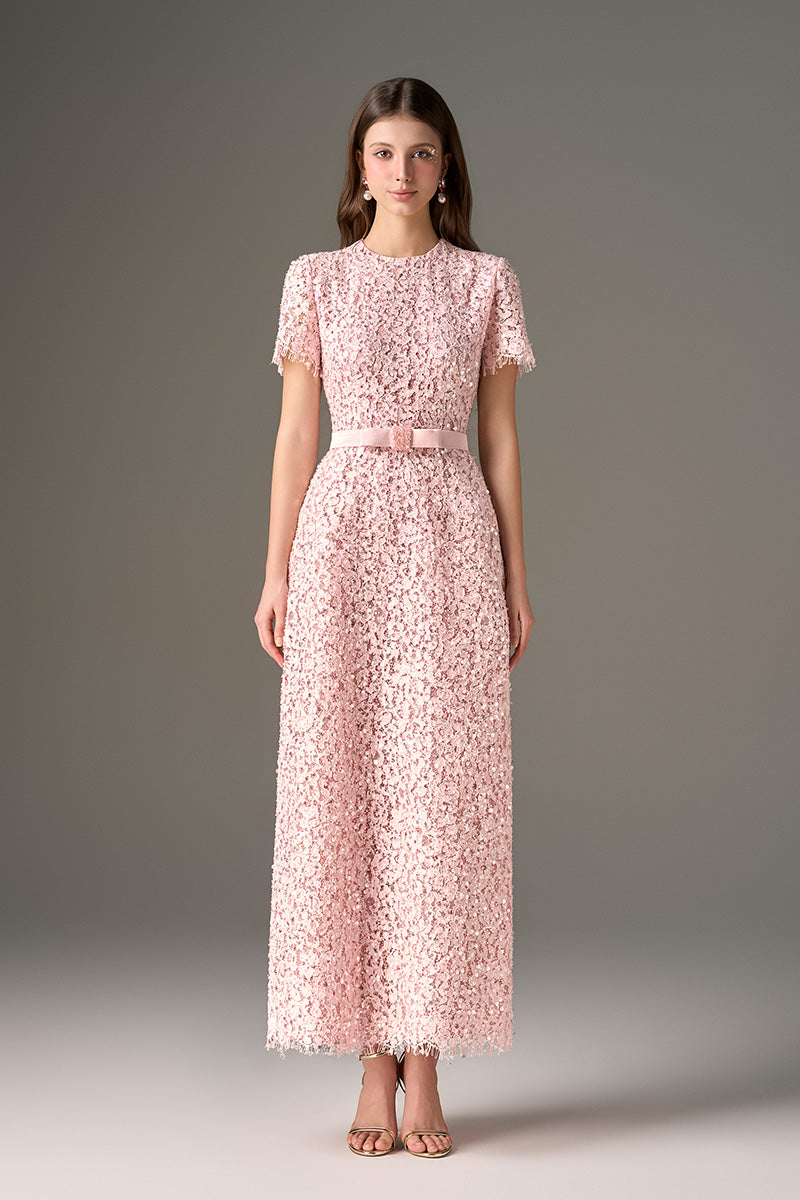 Pink sequin floral lace structured midi dress by I.H.F Studio featuring sculpted hips and elegant design for maxi dress style.