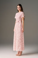 Pink sequin floral lace structured midi dress by I.H.F Studio featuring sculpted hips and a fitted design.