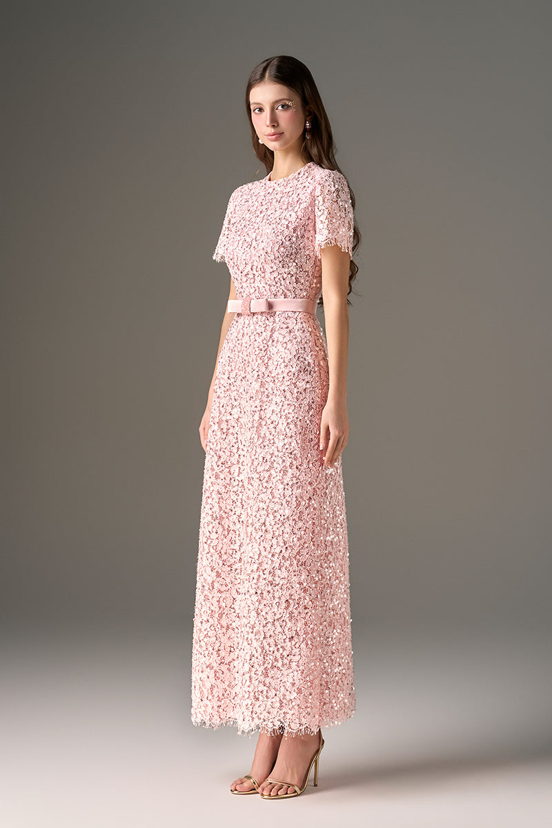 Pink sequin floral lace structured midi dress by I.H.F Studio featuring sculpted hips and a fitted design.