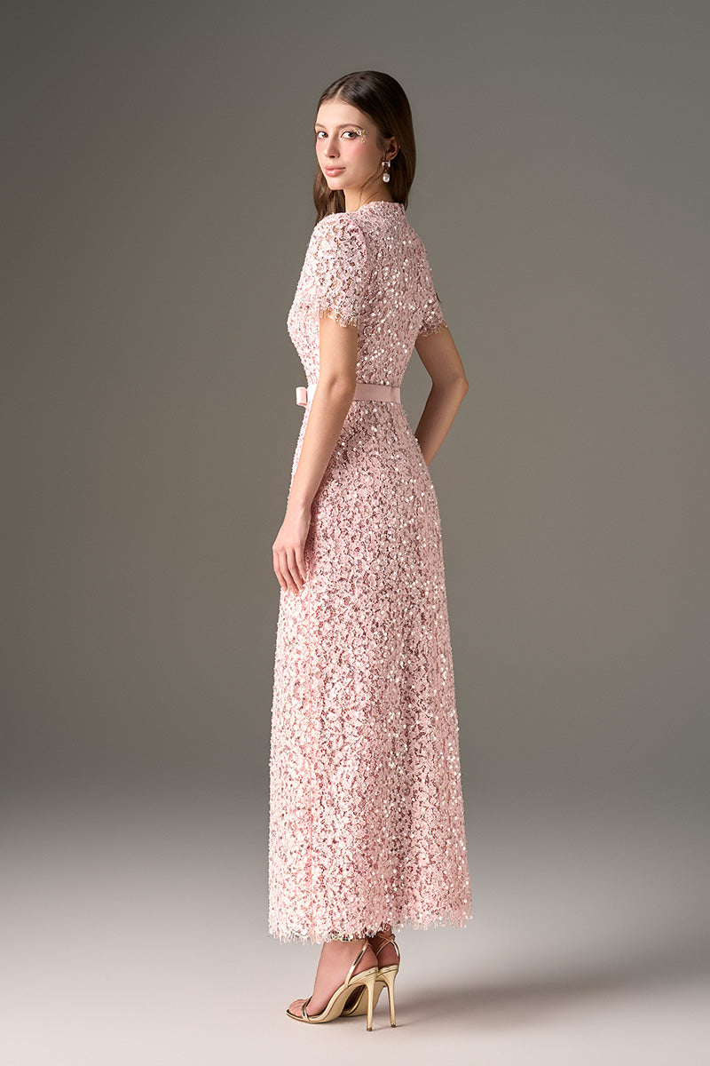 Pink sequin floral lace structured midi dress by I.H.F Studio featuring sculpted hips and elegant design.